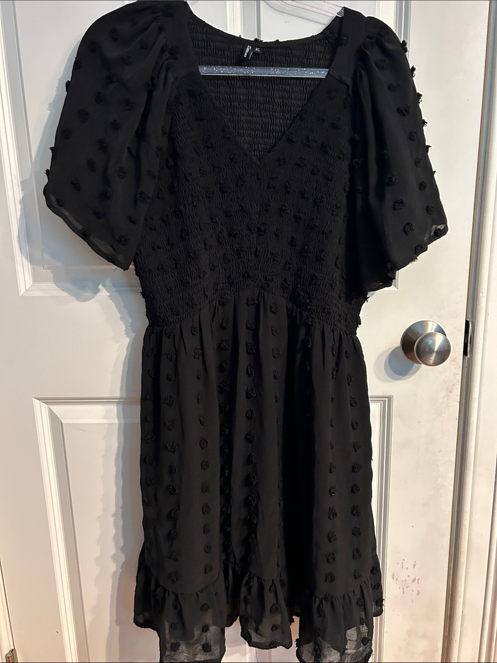 Black V-Neck Swiss Dot Puff Sleeve Dress